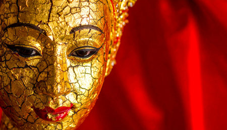 A close-up of a serene golden face, its surface a beautiful map of cracks and time.の素材