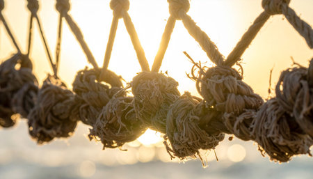 As the golden sun dips below the horizon, its last warm rays illuminate the intricate knots of a fishing net.の素材