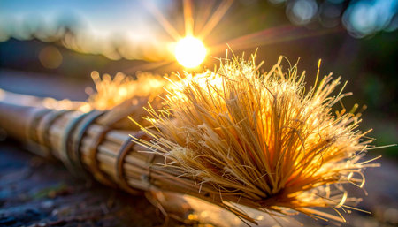 A humble, natural-fiber broom rests on the ground, its bristles catching the last rays of a golden sunset.の素材