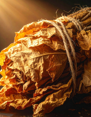 A rustic bundle of sun-cured tobacco leaves, tied with natural twine, rests in a warm, golden light.の素材