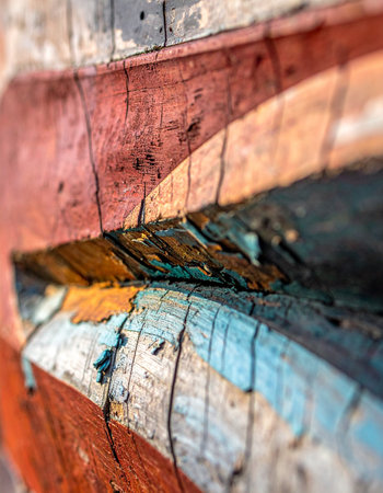 A macro photograph captures the intricate details of an old wooden surface.の素材