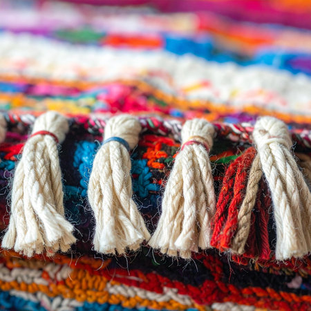 A macro view captures the intricate details and vibrant, multicolored threads of a handcrafted bohemian textile.の素材