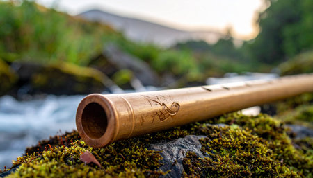 A handcrafted bamboo flute rests on a moss-covered stone, its silent form hinting at the serene melodies it could play.の素材