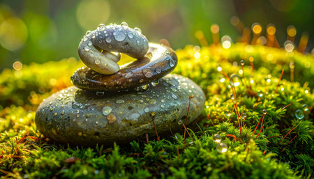 In the quiet morning light, dewdrops cling to a carefully balanced stack of stones resting on a lush bed of green moss.の素材