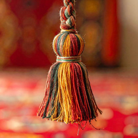 A close-up shot captures the intricate details and vibrant, multicolored threads of a decorative tassel.の素材