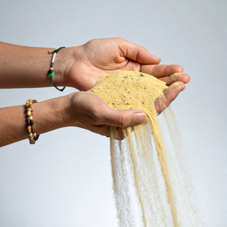 A pair of hands holds golden sand, letting it slip through the fingers in a steady stream.の素材