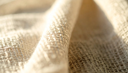 Golden morning sunlight streams across the surface of a natural linen fabric, highlighting the intricate details of its rustic weave.の素材