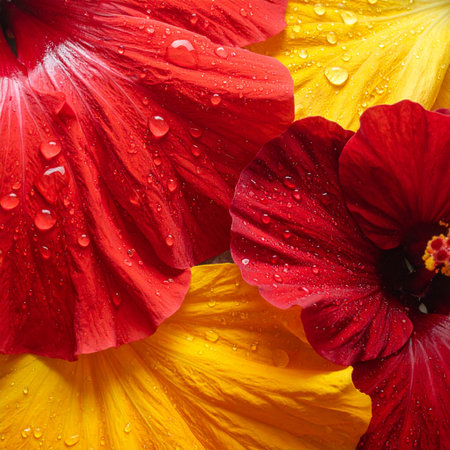 A macro perspective captures the delicate texture of vibrant red and yellow hibiscus petals, glistening with fresh morning dew drops.の素材