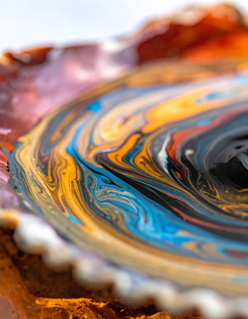 A mesmerizing macro view captures the dynamic fusion of vibrant paints. Blue, orange, and yellow pigments swirl together in a cosmic dance, creating an abstract universe of color and motion.の素材