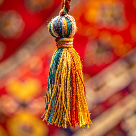 A close-up of a beautifully crafted, multi-colored tassel, showcasing intricate threads of yellow, blue, and orange.の素材
