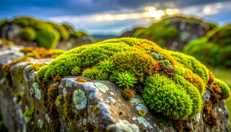 A detailed macro shot captures the vibrant life thriving on an ancient stone wall.の素材