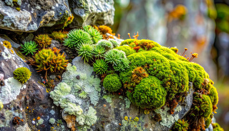 A miniature ecosystem thrives in stunning detail as vibrant green moss and pale lichen create a textured tapestry on the surface of an ancient stone.の素材