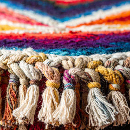 A close-up view reveals the intricate craftsmanship of a handwoven textile. Vibrant threads in a rainbow of colors create a stunning pattern, while thick, soft tassels add a tactile and cozy finish.の素材