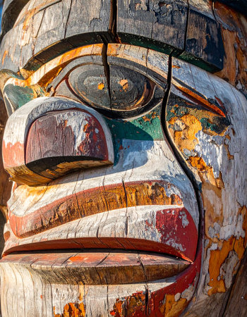 A close-up view reveals the intricate details and weathered texture of an ancient totem pole.の素材