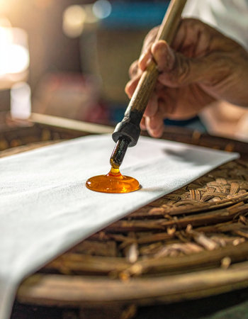 In a softly lit workshop, a skilled artisan's steady hand guides a traditional canting tool, meticulously applying hot wax to cloth.の素材