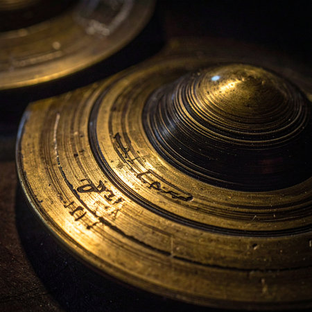 Bathed in warm, low light, the detailed surface of an ancient gamelan gong reveals intricate inscriptions and the patina of time.の素材