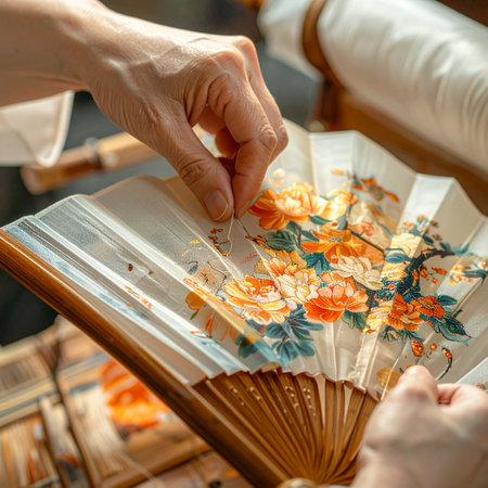 With focused precision, an artisan's hands delicately apply a vibrant floral design to a traditional folding fan.の素材