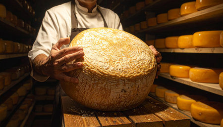 With expert hands, a master cheesemaker proudly presents a large wheel of aged cheese, the result of patience and traditional craftsmanship.の素材