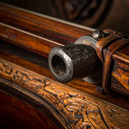 A close-up view captures the intricate craftsmanship of a historical firearm.の素材