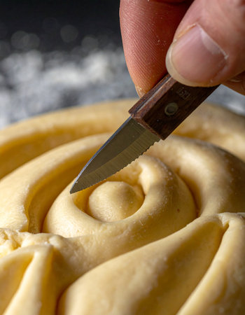 With a steady hand and a sharp lame, an artisan baker meticulously scores a beautiful spiral pattern into the raw dough.の素材