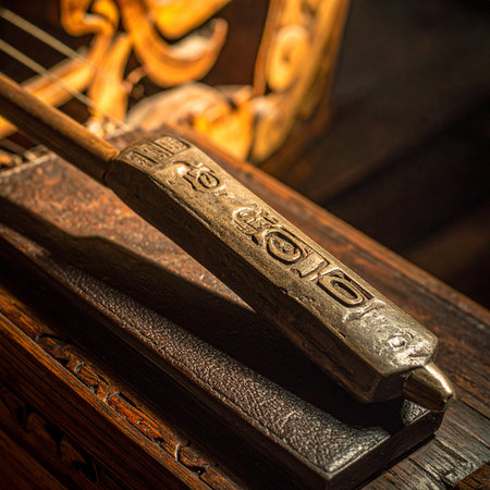 In the warm glow of a blacksmith's forge, an ancient metal artifact rests on a rustic wooden block.の素材