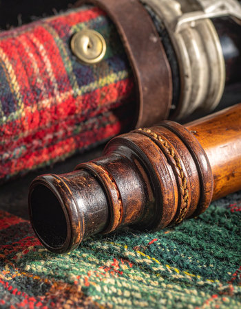 Warm light illuminates the rich details of a vintage set of bagpipes resting on a textured fabric.の素材