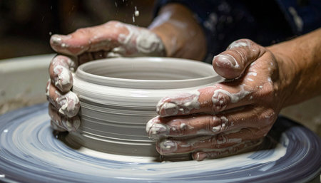 With focused intensity, an artisan's skilled hands guide wet clay on a spinning wheel, transforming a simple lump into a beautiful piece of ceramic art.の素材