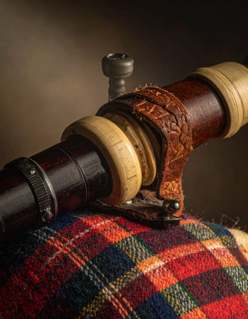 In the warm, quiet light, an antique Scottish bagpipe rests, its plaid tartan and worn leather telling stories of ancient traditions and soulful Highland melodies.の素材