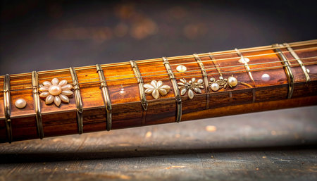 A close-up reveals the soul of a traditional string instrument, where generations of music are embedded in the polished wood and delicate mother-of-pearl floral inlays.の素材