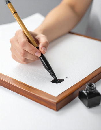 With a steady hand, an artist dips a traditional brush into rich black ink, beginning a stroke on clean white paper.の素材