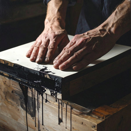 In the quiet focus of a workshop, an artisan's weathered hands press down with practiced skill, transferring a design from an inked woodblock onto paper.の素材