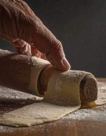 With a gentle, practiced touch, an elder's hand rolls out fresh pasta dough, a timeless culinary tradition passed down through generations.の素材