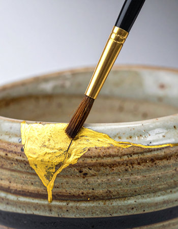 A close-up shot captures the moment of creation as an artist's brush applies a thick, vibrant yellow paint to the rim of a rustic, handmade ceramic bowl.の素材