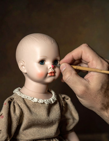 With a steady hand and immense patience, a skilled artisan delicately applies the final touches to a vintage porcelain doll.の素材