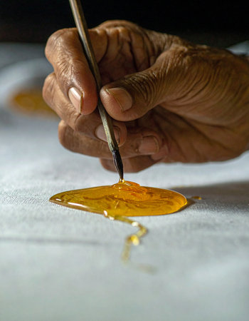 In a quiet workshop, a master artisan's steady hand meticulously applies a drop of golden resin.の素材