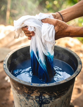With focused hands, an artisan dips a crumpled white cloth into a deep vat of natural indigo dye.の素材