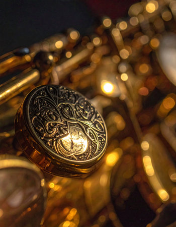A macro view reveals the intricate, handcrafted engraving on a golden saxophone key.の素材