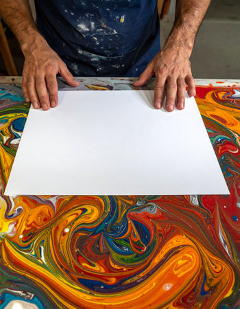 An artist, with hands poised, carefully places a blank white canvas onto a mesmerizing swirl of vibrant, wet paint.の素材