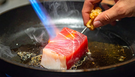 A professional chef applies intense heat with a culinary blowtorch, expertly searing a prime cut of fresh tuna.の素材