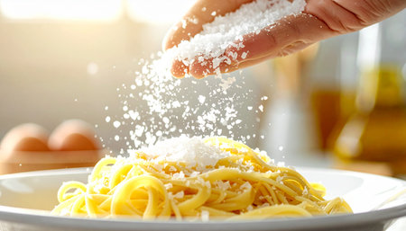 A chef adds the final, perfect touch to a classic Italian dish.の素材