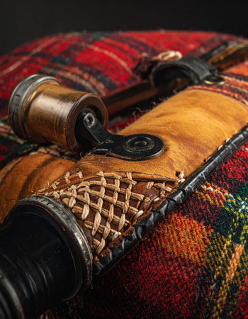 A close-up view reveals the intricate craftsmanship of a traditional Scottish bagpipe.の素材