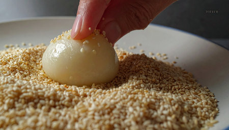 A close-up shot captures the delicate process of a hand gently rolling a soft, glutinous rice ball in a bed of toasted sesame seeds.の素材
