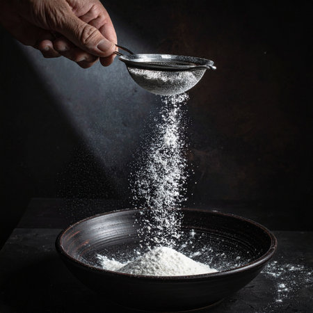 In a dimly lit kitchen, a baker's hand carefully sifts fine white flour, a delicate cascade falling into a dark bowl.の素材