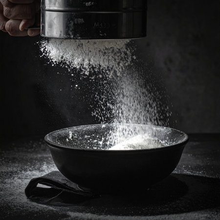 A dramatic black and white close-up captures the essential first step of baking.の素材