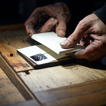 In the quiet focus of a dimly lit workshop, an artisan's ink-stained hands carefully align paper onto a carved block.の素材