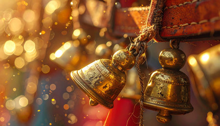 A close-up of ornate golden bells hanging amidst a warm, magical glow. The sparkling bokeh background creates a festive and serene atmosphere, perfect for celebrations, holidays, or spiritual themes.の素材