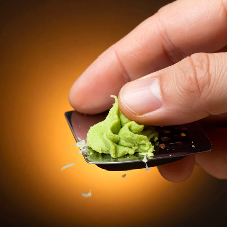 A close-up shot captures a chef's hand meticulously grating a fresh wasabi root on a traditional oroshigane.の素材
