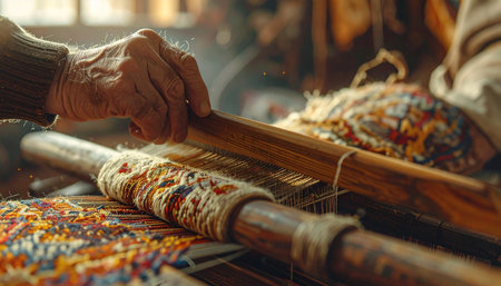 In the soft light of a workshop, the weathered hands of an elderly artisan move with practiced grace over a traditional wooden loom.の素材