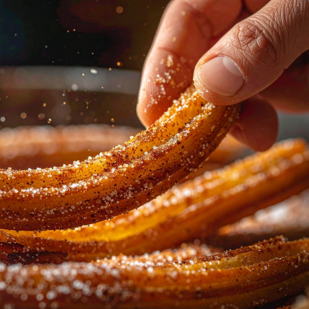 A close-up shot captures the delightful moment a hand generously sprinkles a sparkling mix of cinnamon and sugar over a warm, golden-brown churro.の素材