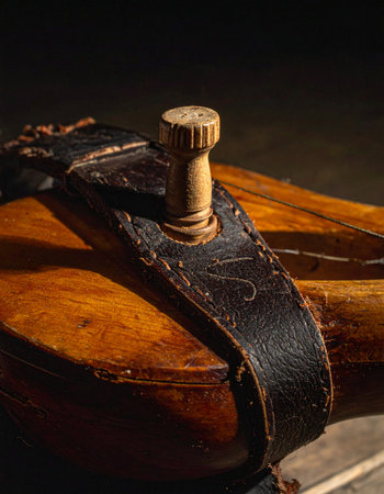 In a quiet, dimly lit room, a single beam of light reveals the timeless craftsmanship of a classic violin.の素材